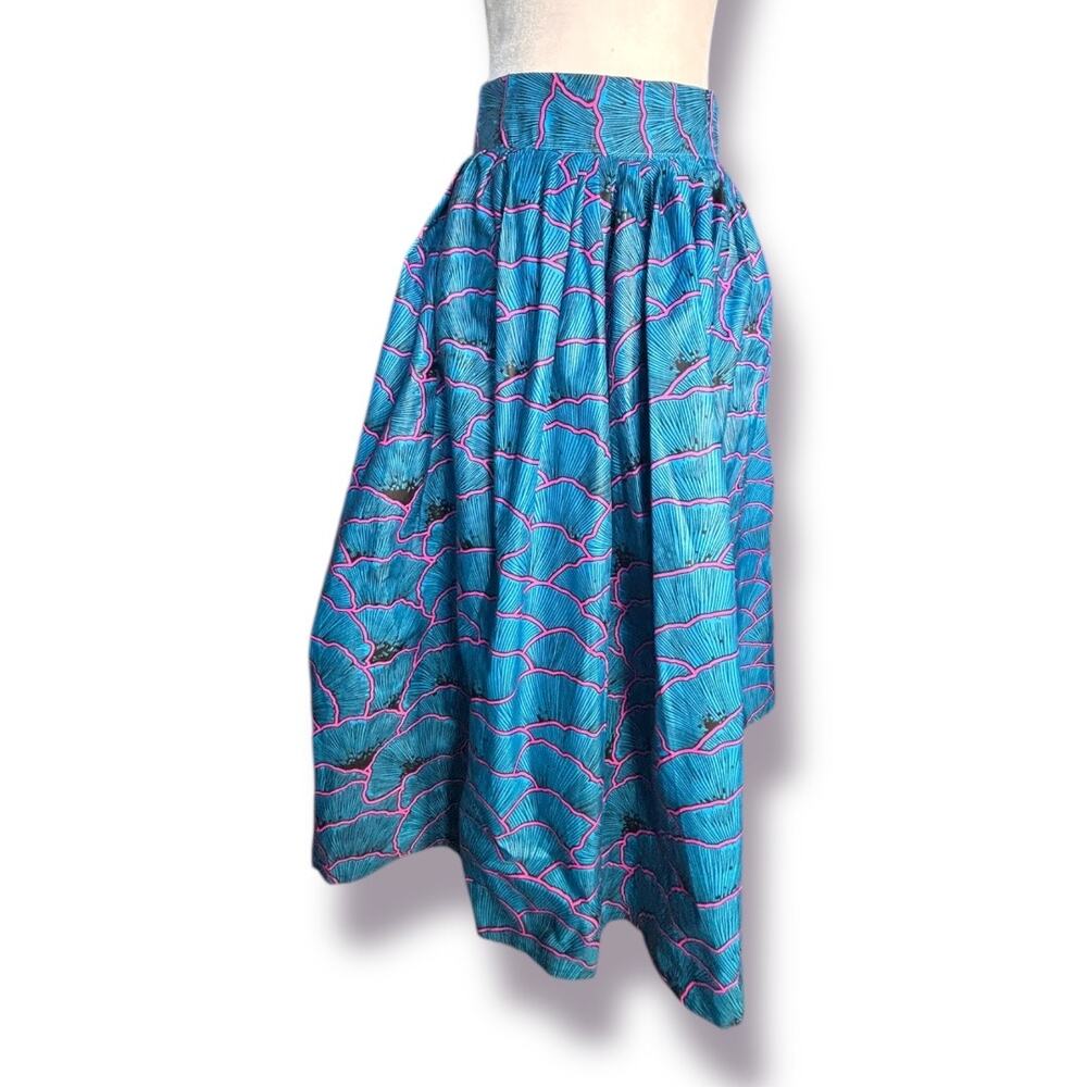 Melmikay’s Blue Pink African Ankara Floral Print Flowing Midi Skirt High Waist - Picture 9 of 9